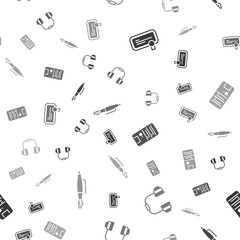 Poster - Set Certificate template, Headphones, Computer and Fountain pen nib on seamless pattern. Vector.