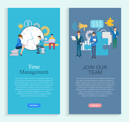 Poster - Time management and join our team app slider. Workers developing, man and woman employees working, company growth, professional teamwork, invest vector. Webpage or landing page template flat style