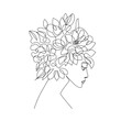 Trendy One Line Woman Head with Flowers and Leaves. Woman Face Modern Art Style with Flowers and Leaves. Continuous Line Art Drawing for Prints, Tattoos, Posters, Cards, T-shirt, Wall Art etc. Vector 