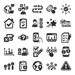 Aufkleber - Survey, Report review icons. Opinion, Customer satisfaction feedback and Test icons. Checklist review, Quiz and Business report symbols. Evaluation quiz, Feedback chart, Management. Vector