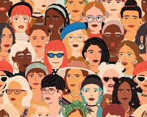 Poster - Seamless pattern with diverse female faces. Crowd of fashionable and stylish modern women. Colorful repeatable background with multiracial people. Diversity concept. Colored flat vector illustration