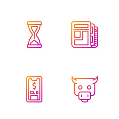 Sticker - Set line Bull market, Mobile with dollar, Old hourglass and Stock news. Gradient color icons. Vector.