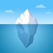 © alex_cardo - Iceberg floating in ocean illustration. Huge white block of ice drifts along blue current with massive underwater part an arctic rock breakaway from northern antarctic coast. Cartoon frosty vector.