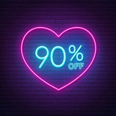 Wall Mural - 90 percent off neon sign in a heart shape frame. Valentine day discount lighting design .