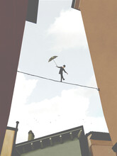 Illustration Of Tightrope Walker On A Suspended Wire Among Buildings, Surreal Risk Concept
