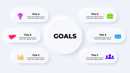 Neumorphic Vector Infographic. Presentation slide template. Circles scheme. 6 options. Neumorphism ui design. Clean minimal flat style. 