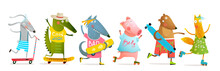 Cool Baby Animals For Kids Skating With Roller Blades And Skateboard Or Longboard. Fun Cartoon Design For Children With Many Cool Animals Doing Board Sports. Vector Cartoon Illustration Collection.
