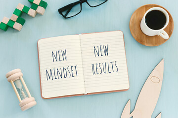 Poster - top view image of table with open notebook and the text new mindset new results. success and personal development concept