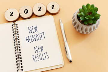 Poster - top view image of table with open notebook and the text new mindset new results. success and personal development concept