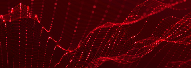 Poster - Futuristic wave on dark background. Colored pattern of connection dots and lines. Technology or Science Banner. 3D