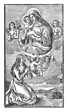 Virgin Mary Holding Baby Jesus Christ And Floating On The Moon Carried By Angels Or Cherubs.Antique Vintage Biblical Religious Engraving Or Drawing.
