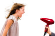© _jure - Girl is yelling, shouting at blow dryer - hair dryer.