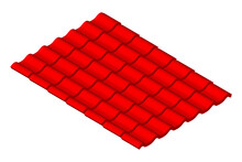 Isometric Vector Illustration Red Corrugated Tile Element Of Roof Isolated On White Background. Realistic Corrugated Metal Tiles For Roof Covering Vector Icon In Flat Cartoon Style. Building Material.