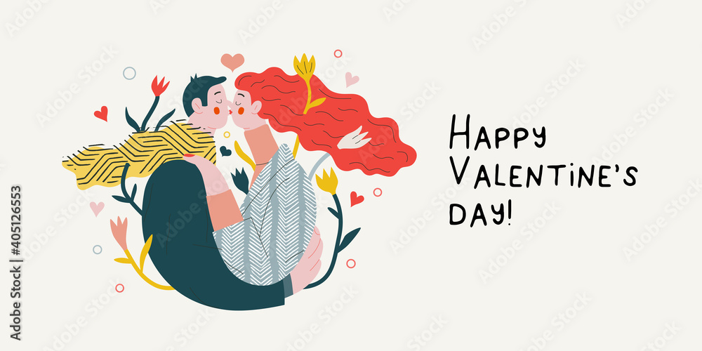 Couple in love - Valentines day graphics. Modern flat vector concept illustration - a young hetoresexual couple kissing and embracing. Hearts and flowers. Cute characters in love concept - obrazy, fototapety, plakaty 
