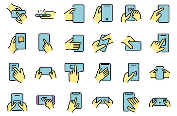 Poster - using smartphone icons set. outline set of using smartphone vector icons thin line color flat on whi
