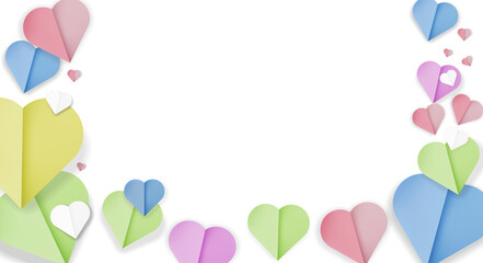 Poster - frame of folded paper cut hearts in different pastel colors isolated on white background vector illustration