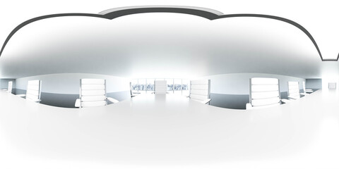 Poster - 360 degree panorama of big office loft with table desk and white chairs big windows city view 3d render illustration