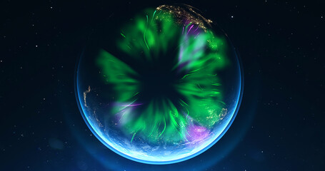 Wall Mural - Polar Lights on planet Earth from space. Space, planet, stars, cosmos, sea, earth, globe 3D illustration. 