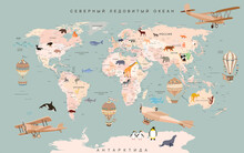 Wallpaper For Children World Map With Animals And Balloons