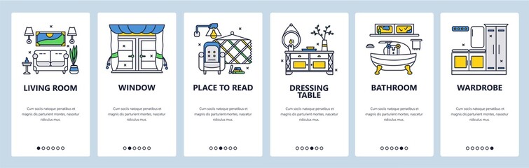 Poster - interior design service. living room, bathroom, furniture. mobile app onboarding screens, vector web