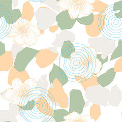 Aufkleber - Vector organic seamless abstract background, botanical motif with stylized leaves, flowers and simple geometric shapes. Floral pattern.