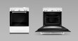 Oven, electric kitchen appliances, open or closed stove of white color front view. Household technics with switches. Home tech equipment isolated grey background, realistic 3d vector illustration