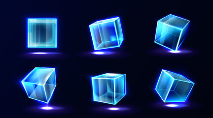 Poster - Plastic or glass cubes glowing with neon light in different angle view, clear square box, crystal block, aquarium or exhibit podium, isolated glossy geometric objects, Realistic 3d vector illustration