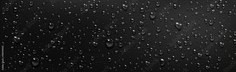 Water droplets on black background. Vector realistic illustration of condensation of steam in shower or fog on wet black surface, clear aqua drops from dew or rain - obrazy, fototapety, plakaty 