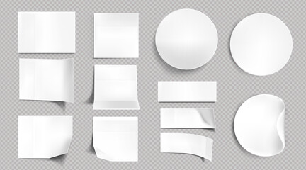 Poster - White paper stickers, blank square, round and rectangle sticky notes. Vector realistic set of empty labels with bent and folded corners, adhesive tags isolated on transparent background
