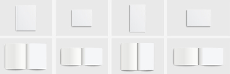 Wall Mural - Realistic set mockup book / magazine: 4 tipe mockup. Blank close cover book/magazine and blank open book/magazine with realistic shadows isolated on light background. Vector illustration EPS10
