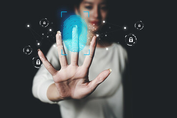 Concept of Hands show the fingerprint scanner screen to access personal user online.