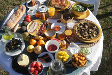 Brunch With Artichokes Mussels Croissants Fruits Brocoli Feta Salad Ham Bread And Many Other Food And Drink