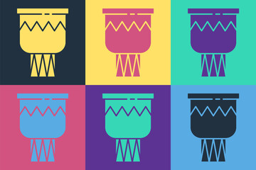 Pop art Drum icon isolated on color background. Music sign. Musical instrument symbol. Vector.