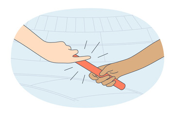 Relay baton, cooperation, teamwork concept. Hands of two sportsmen cartoon characters giving relay baton during sports competition on stadium vector illustration. Champion success winning 