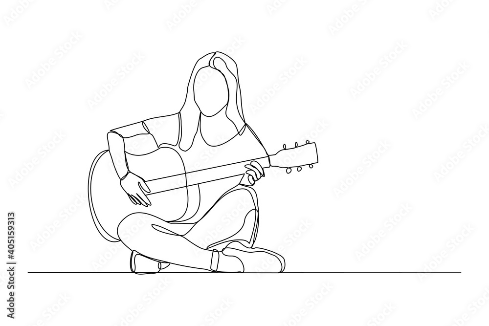 Continuous line drawing of a woman playing guitar. Single one line