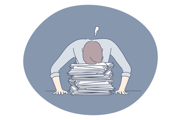 Wall Mural - Burnout, overload, overwork concept. Unhappy depressed man office worker sitting with head on heap of documents and feeling stressed and tired in office vector illustration 