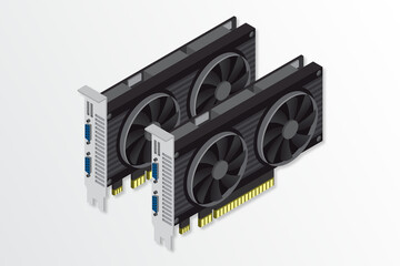 3d isometric video graphic card. Video Graphics Card for cryptocurrency mining or gaming. Personal computer hardware components. GPU Graphic card illustration