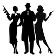 Silhouettes of elegant criminal trio in retro style, armed with pistol and submachine gun, isolated on white background. Classic film noir style.