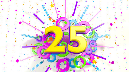 Number 25 for promotion, birthday or anniversary over an explosion of colored confetti, stars, lines and circles on a white background. 3d illustration