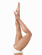 Close up of elegant female legs on white background. White panties. 3d image