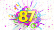 Number 87 for promotion, birthday or anniversary over an explosion of colored confetti, stars, lines and circles on a white background. 3d illustration