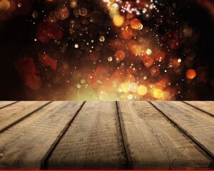 Poster - Old wood table with blured abstract bokeh background