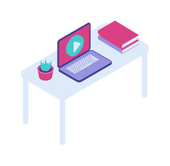 Poster - Desktop with open laptop isometric vector icon, home office, remote work