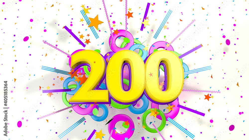 Stock-Illustration „Number 200 for promotion, birthday or anniversary over an explosion of colored confetti, stars, lines and circles on a white background. 3d illustration“