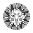 Sun witn face sketch engraving vector illustration. T-shirt apparel print design. Scratch board imitation. Black and white hand drawn image.