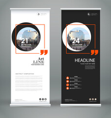 Wall Mural - Abstract composition. White roll up brochure cover design. Info banner frame. Text font. Title sheet model set. Modern vector front page. City view brand flag. Circle figures icon. Ad flyer fiber
