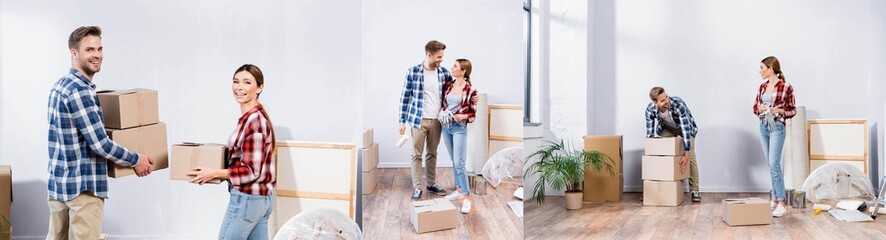 Wall Mural - collage of young man and woman holding gloves and boxes, hugging and looking at camera indoors, banner