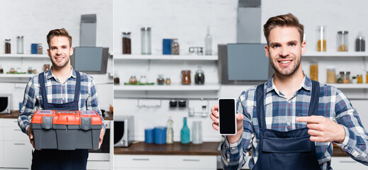 Wall Mural - collage of happy repairman holding toolbox and pointing with finger at smartphone with blurred kitchen on background