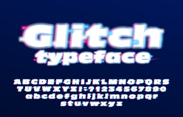 Poster - Glitch alphabet font. Glowing letters and numbers. Stock vector illustration.