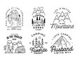 Vintage line art logo designs set. Camping adventure badges emblems. Camp label, hiking insignias bundle. Silhouette linear concept. Stock vector collection